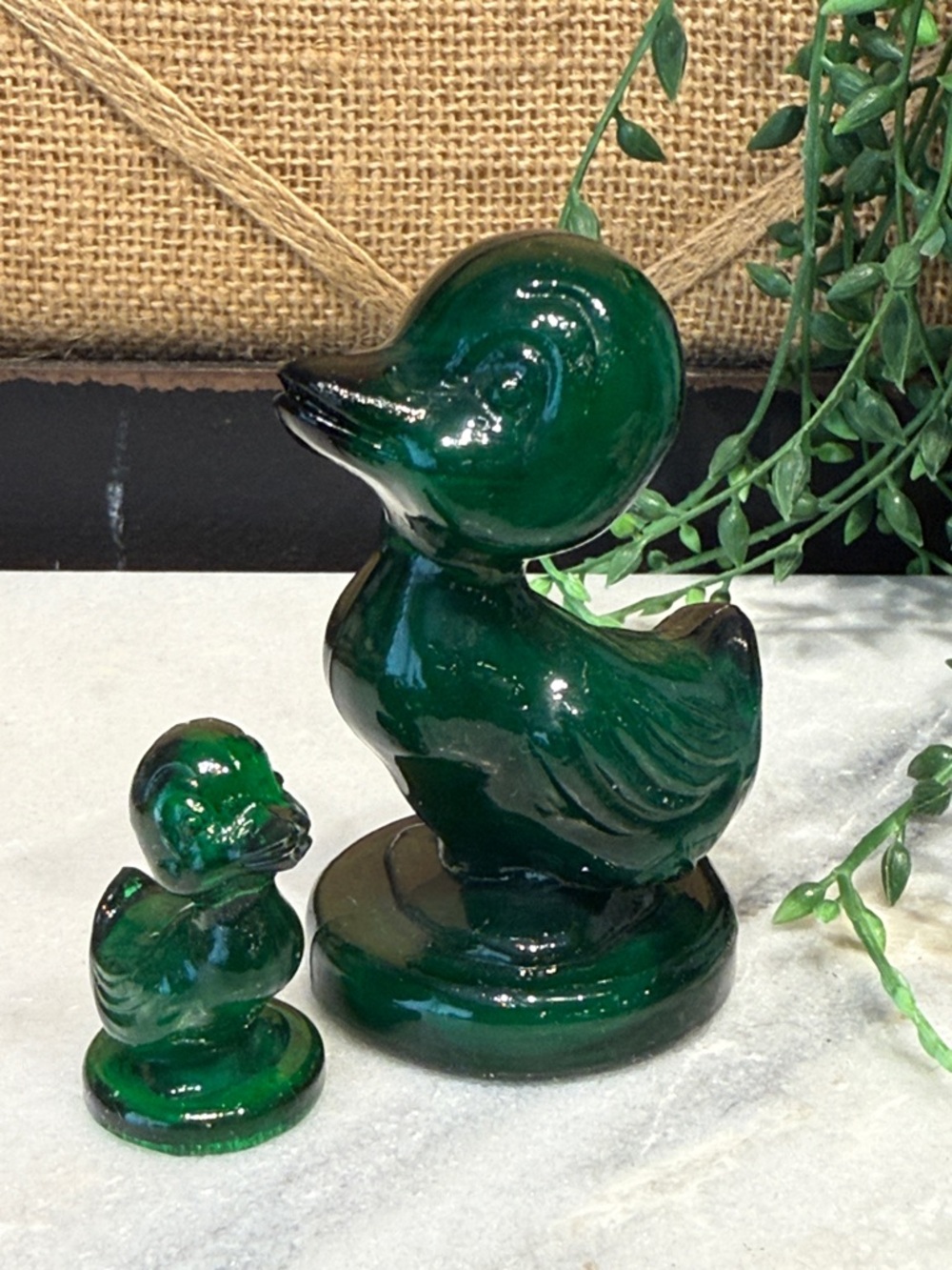 Green Glass Duck Figurines